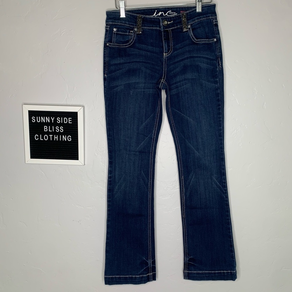 INC Low Rise Dark Wash Bootcut Rhinestone Jeans Women’s 4P Y2K Stretch Denim